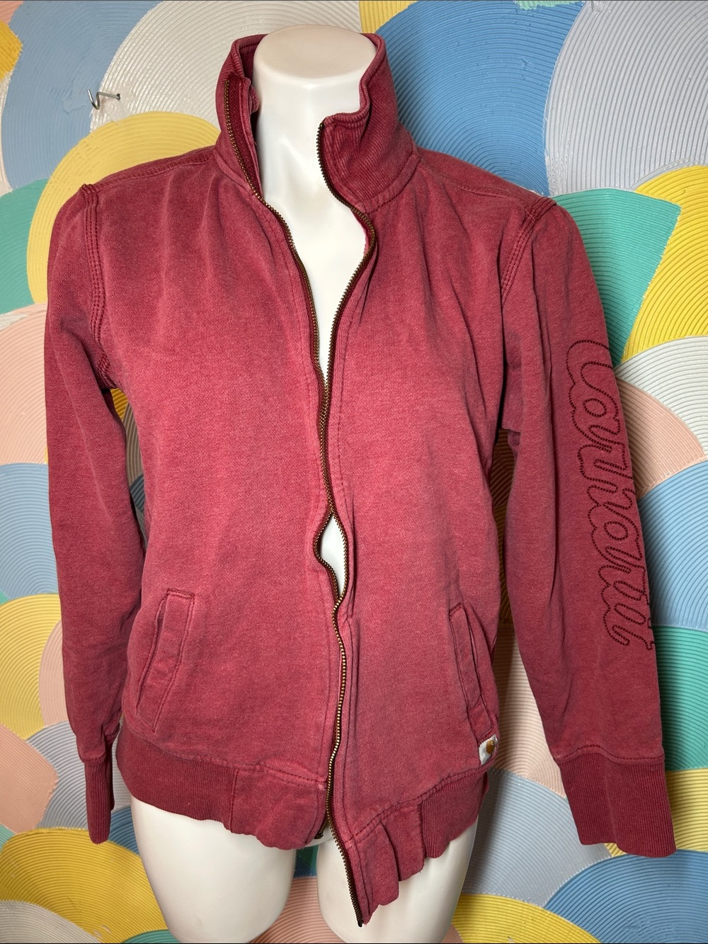 Carhartt Red Zip-Front Women’s Jacket with Logo Sleeve sz M
